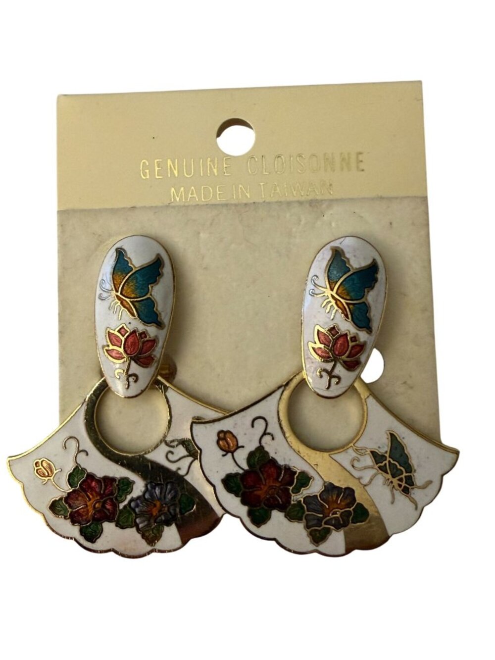 Vintage Cloisonné Butterfly & Floral Clip-On Earrings Made In Taiwan